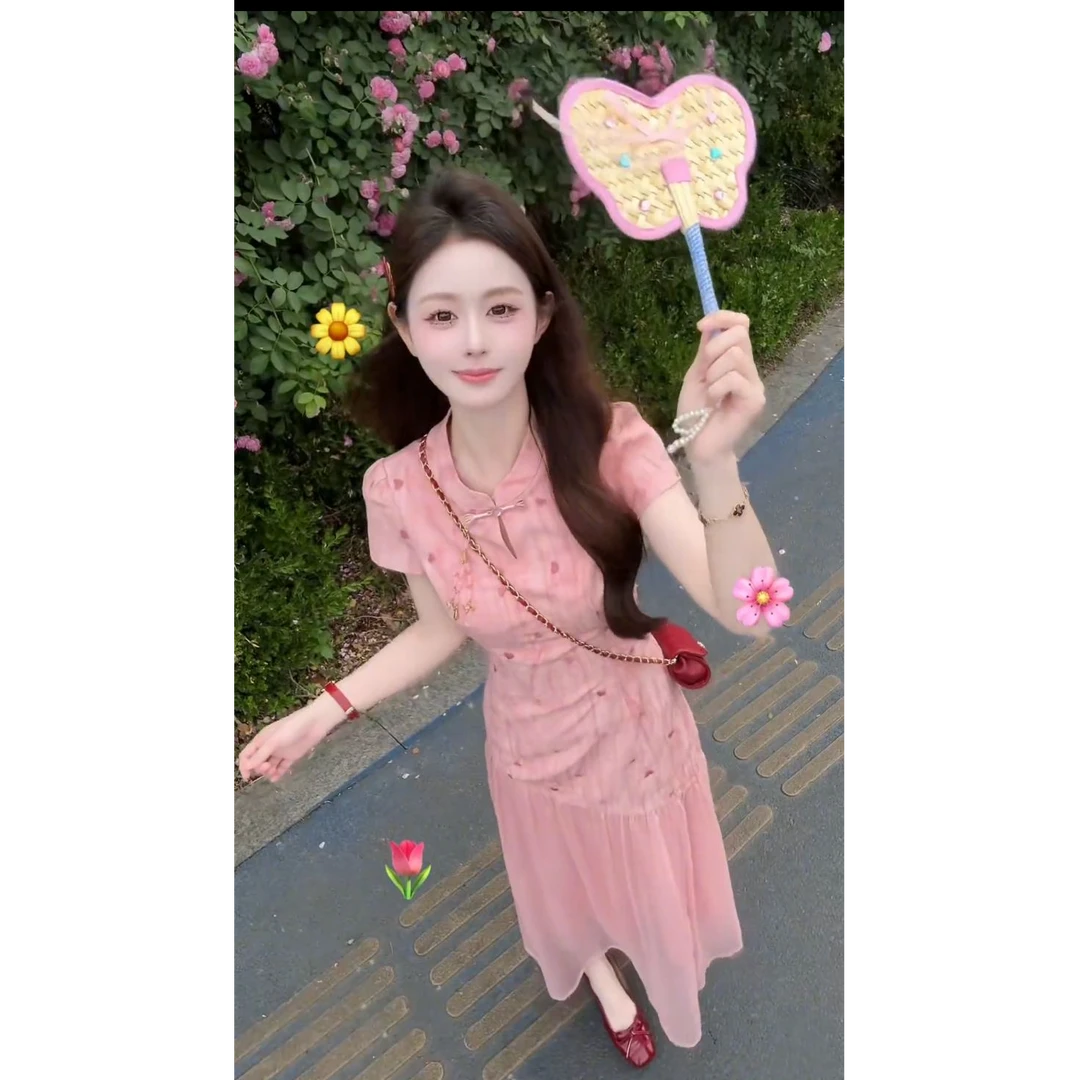 【袅袅江南】新中式晕染爱心刺绣旗袍假两件连衣裙子女收腰显瘦长裙