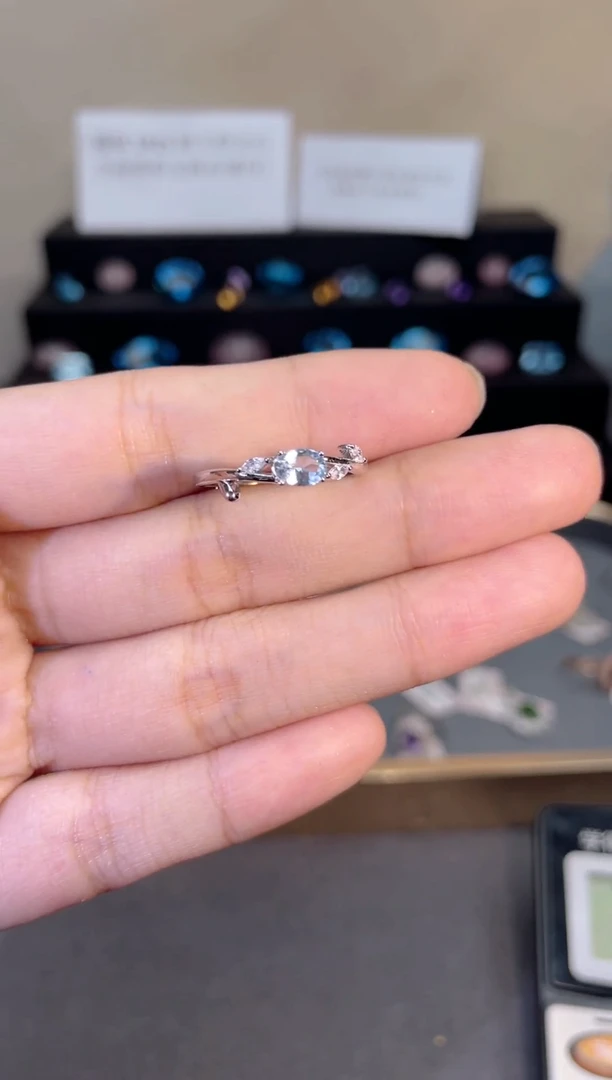 银S925镶嵌戒圈海蓝宝石天然宝石