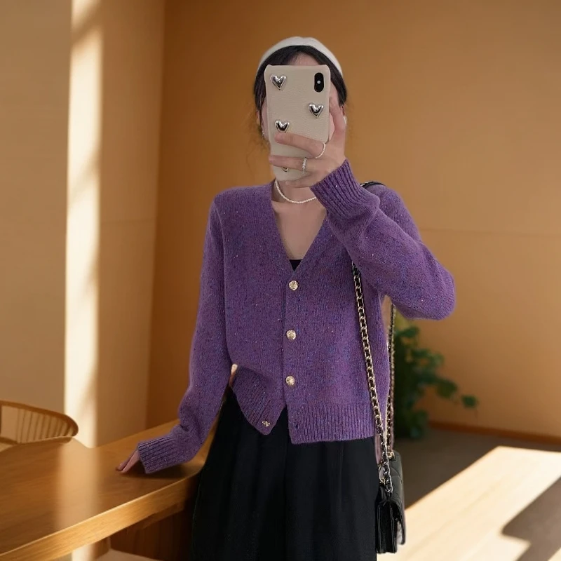 加厚小香风花纱针织开衫女温柔气质短款100%纯羊毛女开衫（8027）