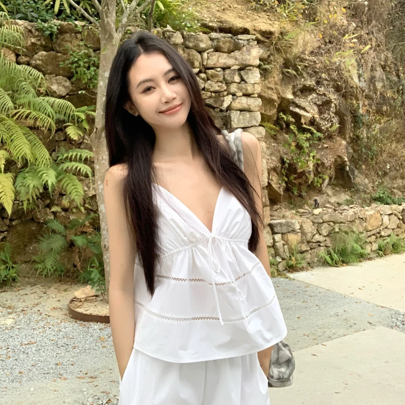纯欲性感通勤小众V领吊带上衣女开春阔腿拖地长裤时尚两件套