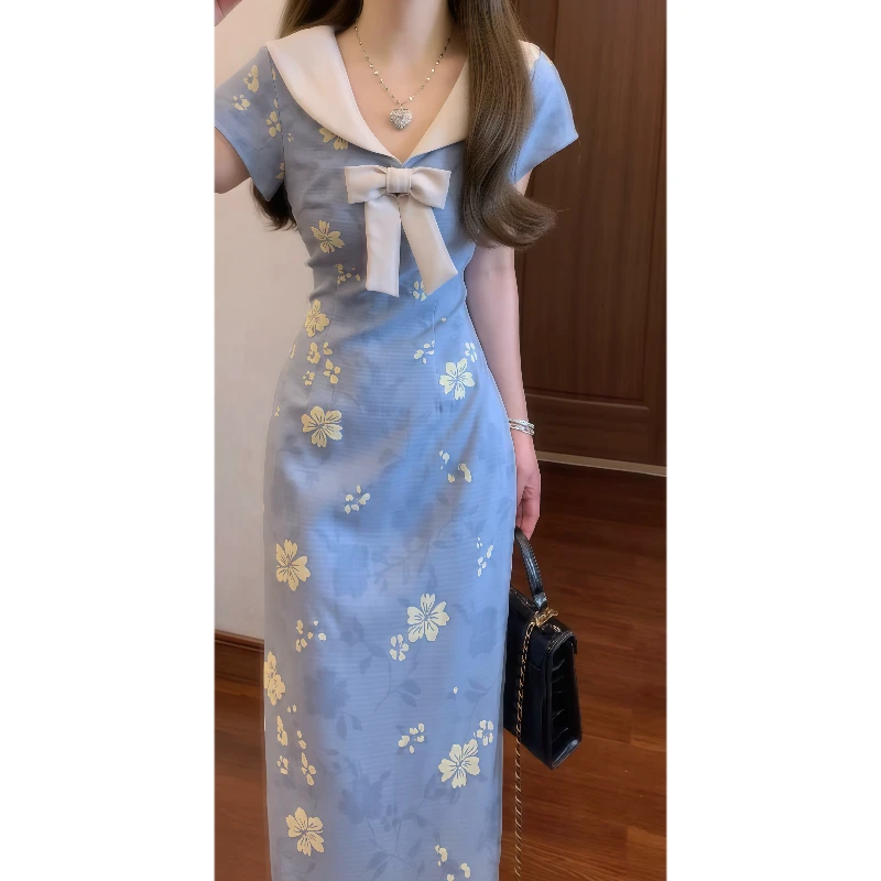 【现货】新中式国风蓝色娃娃领改良旗袍连衣裙收腰气质长裙9365