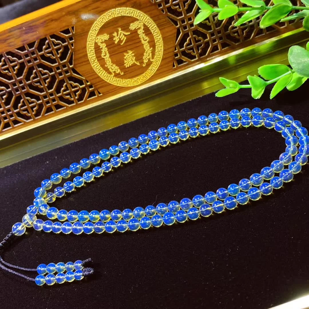 6mm天空蓝净水佛珠蓝色琥珀天然蓝珀项链时尚多圈素串108佛珠