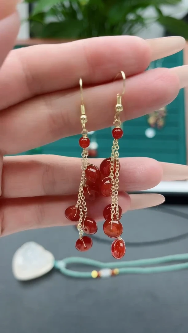 【闪购商品】南红玛瑙耳饰银S925镀金镶嵌1算盘珠红