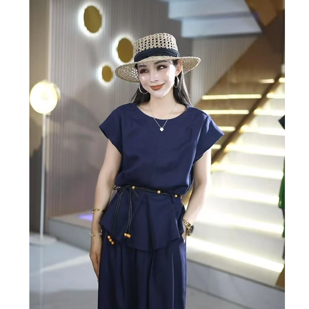 夏季超显瘦时尚气质收腰版亚麻直筒裤裤子女士两件套装HB89100TZ