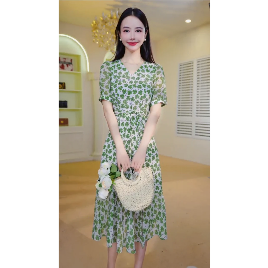法式修身时尚气质碎花设计夏季茶歇连衣裙J47142