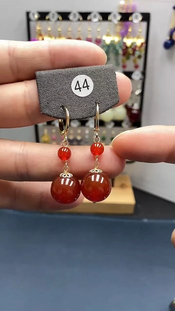 【闪购商品】南红玛瑙耳饰银S925镀金镶嵌尺寸14mm耳扣连珠02