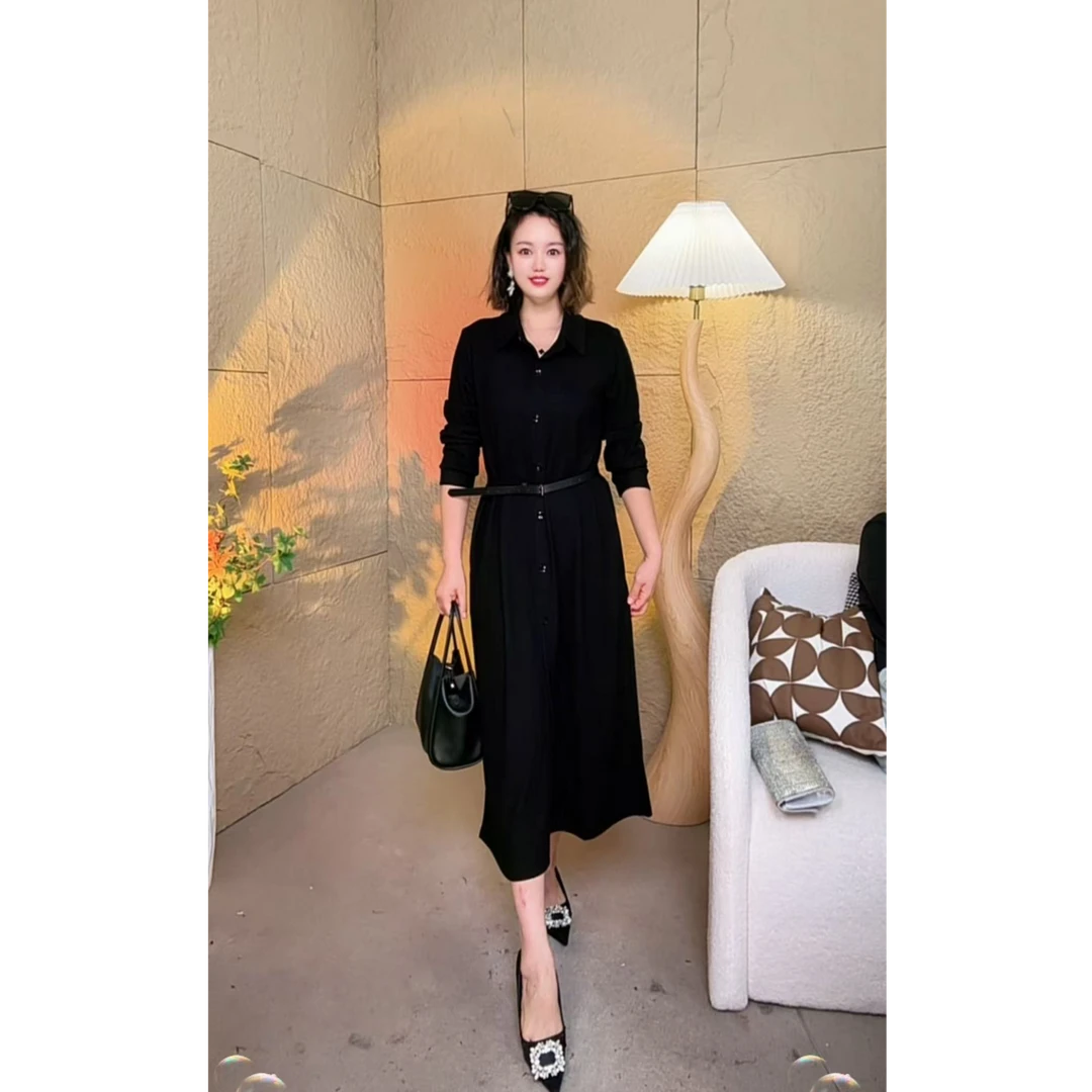 110秋季【翻领单排扣】美法式轻奢显瘦时尚修身气质长款连衣裙