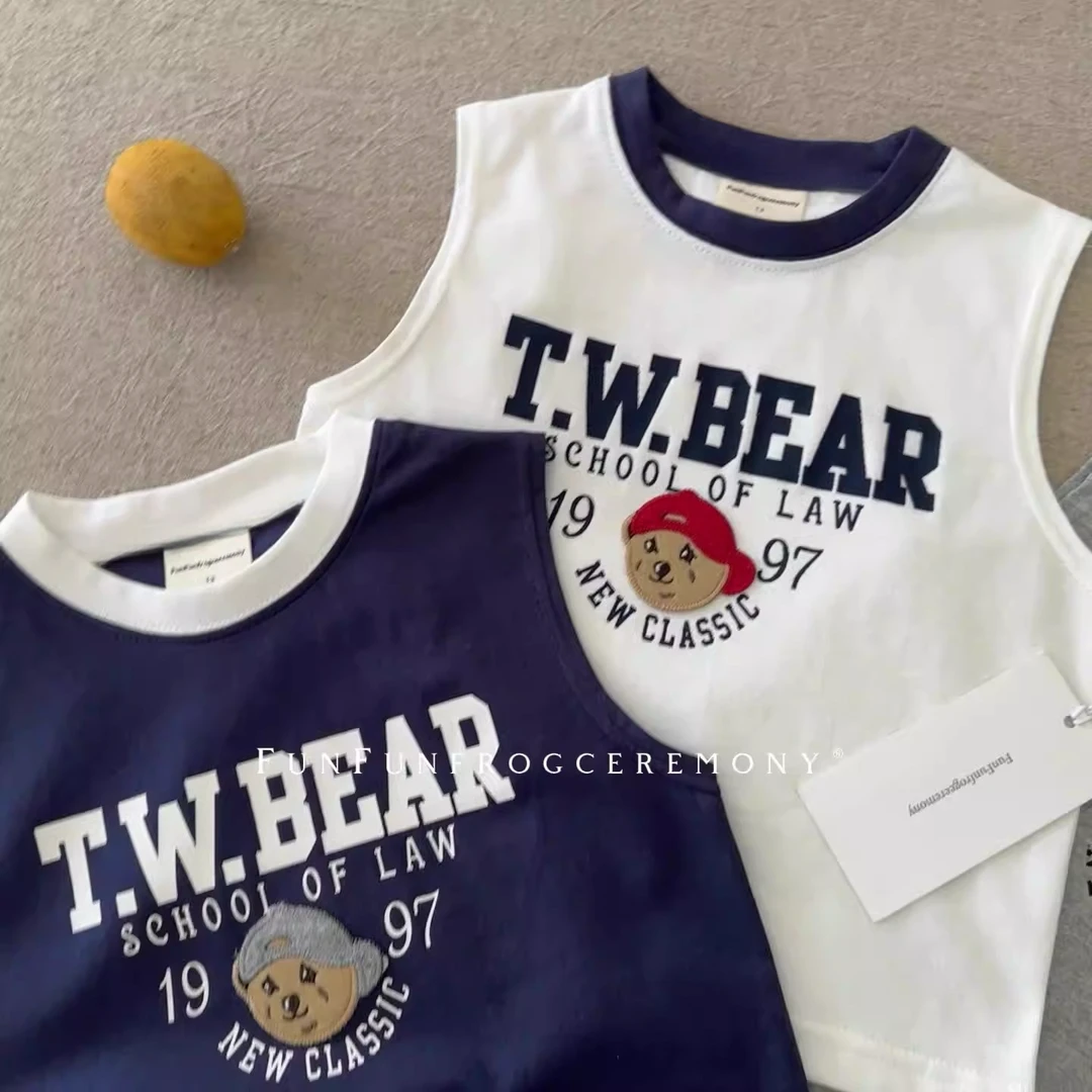 儿童背心夏男女童日系潮牌卡通小熊纯棉T宝宝小童洋气无袖T恤童装