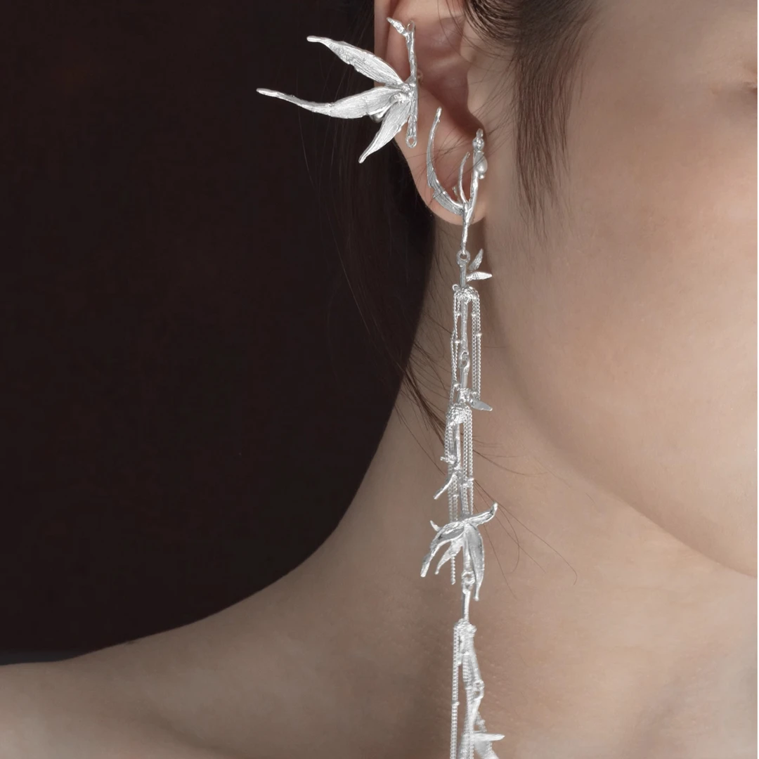 东黑三白 925银耳饰 竹生空野 s93银原创竹叶中式国风女超长耳钉