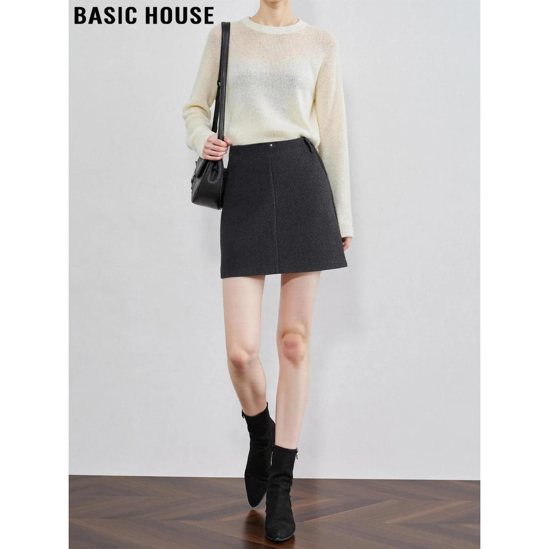 Basic House/百家好灰色毛呢包臀短裙女2025秋冬高腰A字半身裙子