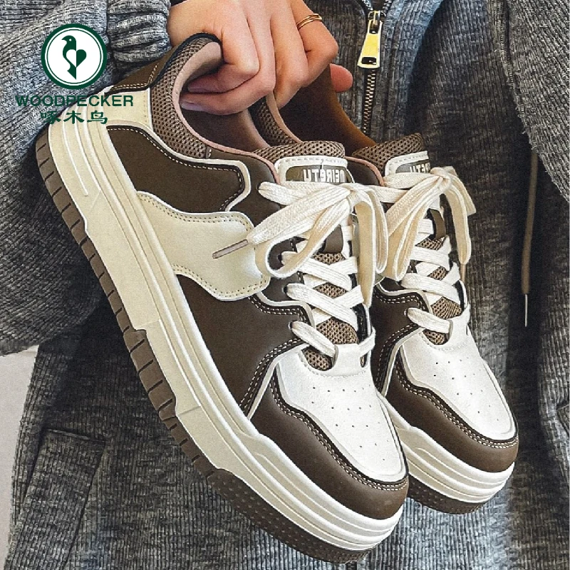 【正品】啄木鸟春季男鞋潮流百搭小众美式拼色板鞋厚底增高运动鞋男