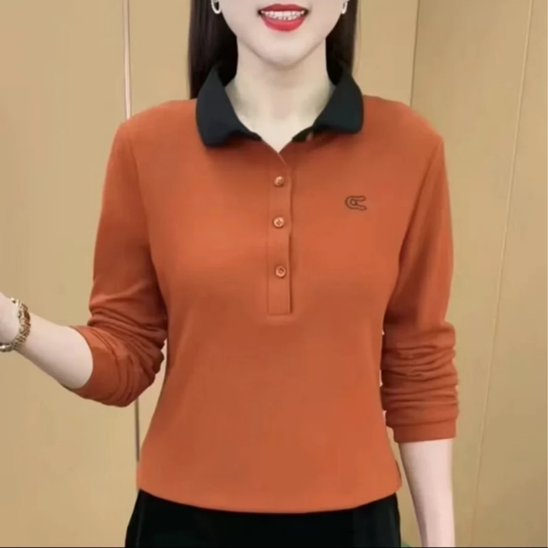 春季新款时尚娃娃领撞色刺绣气质显瘦打底衫