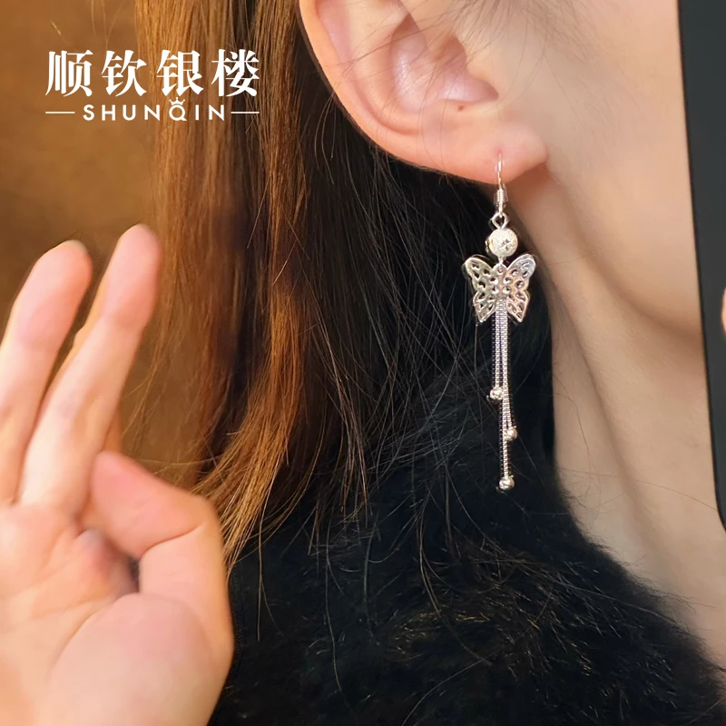 顺钦银楼 足银耳饰 【雪迎耳环】蝴蝶流苏气质精致长款新年耳环