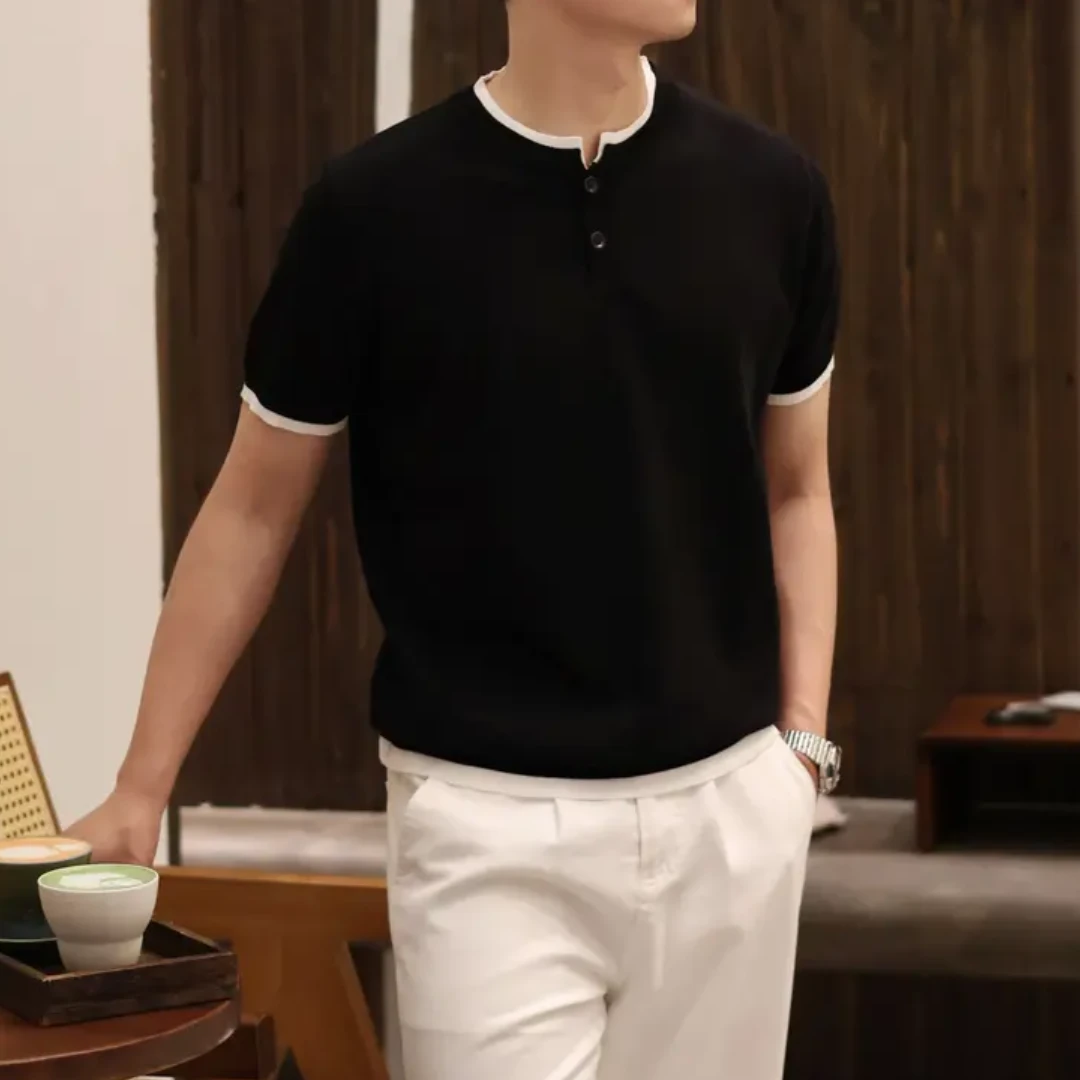 意式格调‘亨利领拼接假两件INS简约百搭针织短袖T恤时尚百搭潮流