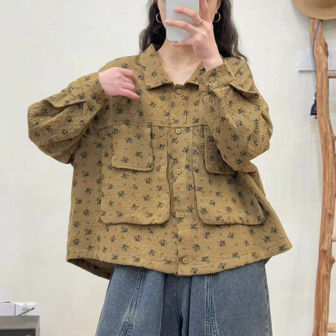 669新款春秋短款休闲百搭开衫外套文艺复古宽松碎花长袖上衣女