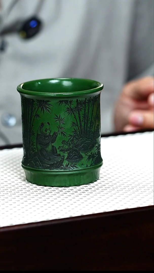 茶壶紫砂宜兴紫砂 主人杯 熊猫竹节 绿泥 任家娟 h214
