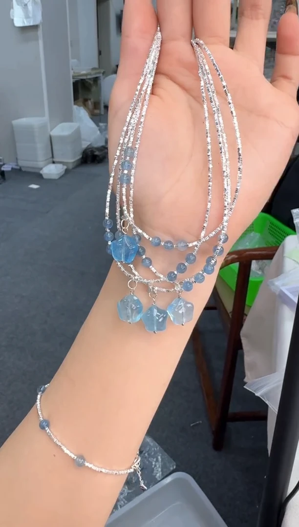 【闪购商品】水晶手链银S925镶嵌A014海蓝宝五角星星碎银项链款