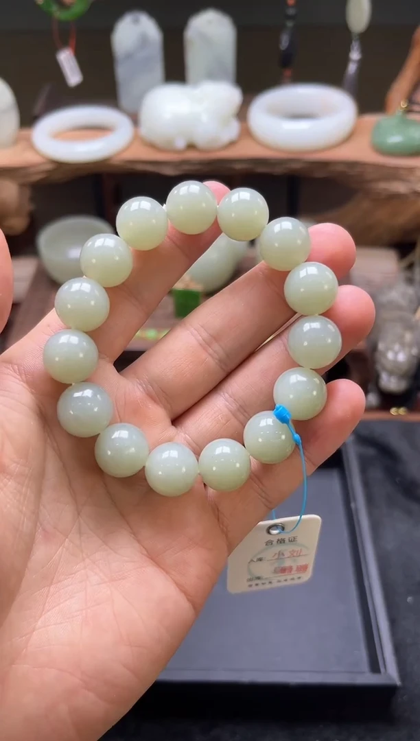 【闪购商品】和田玉手串未镶嵌卡14且末青白 圆珠 多样性发一