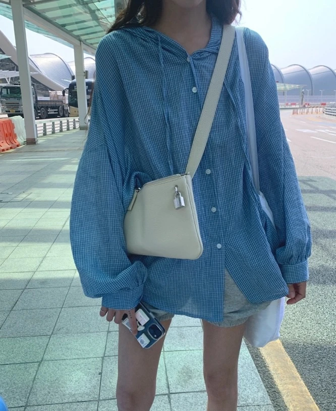 休闲风连帽系扣格纹衬衫长袖-25123