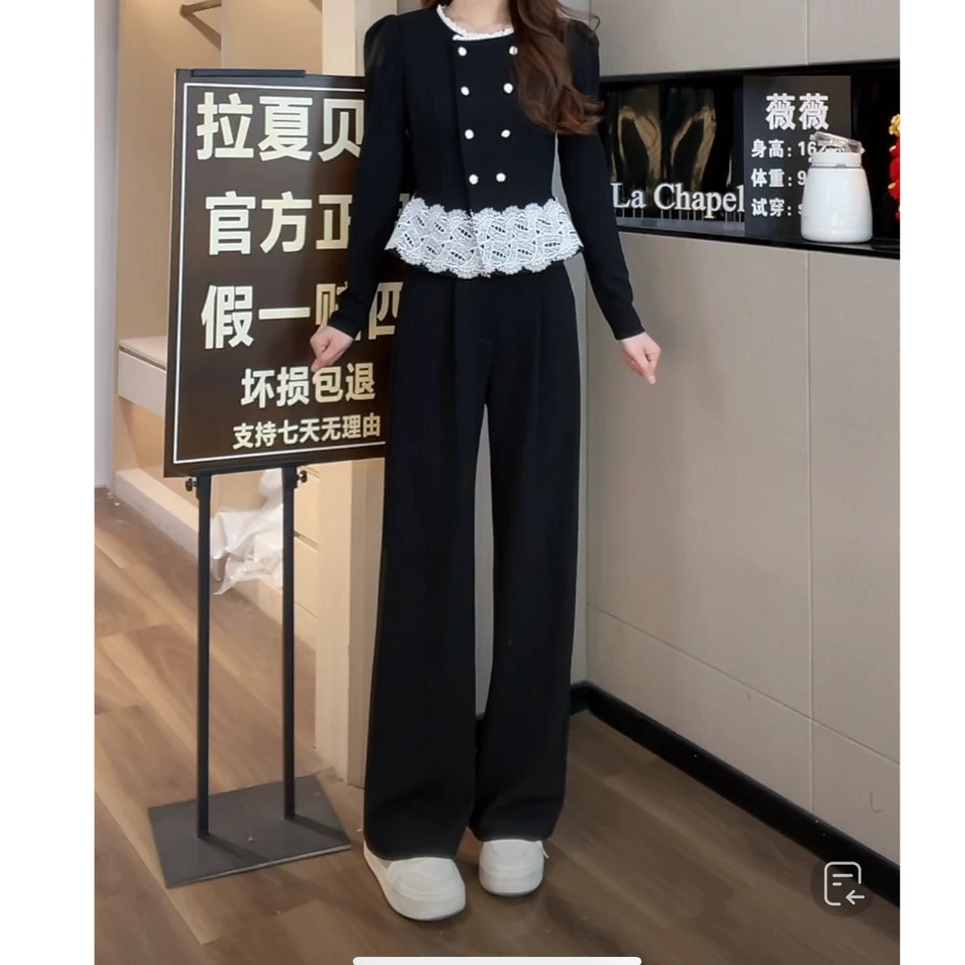 拉夏贝尔2025春法式小香凤显瘦复古拼接蕾丝上衣＋半身裙 10305 WW