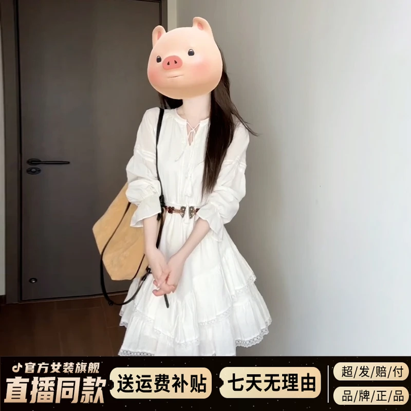 法式白色长袖收腰连衣裙女夏季2025年新款小个子气质开春绝美短裙