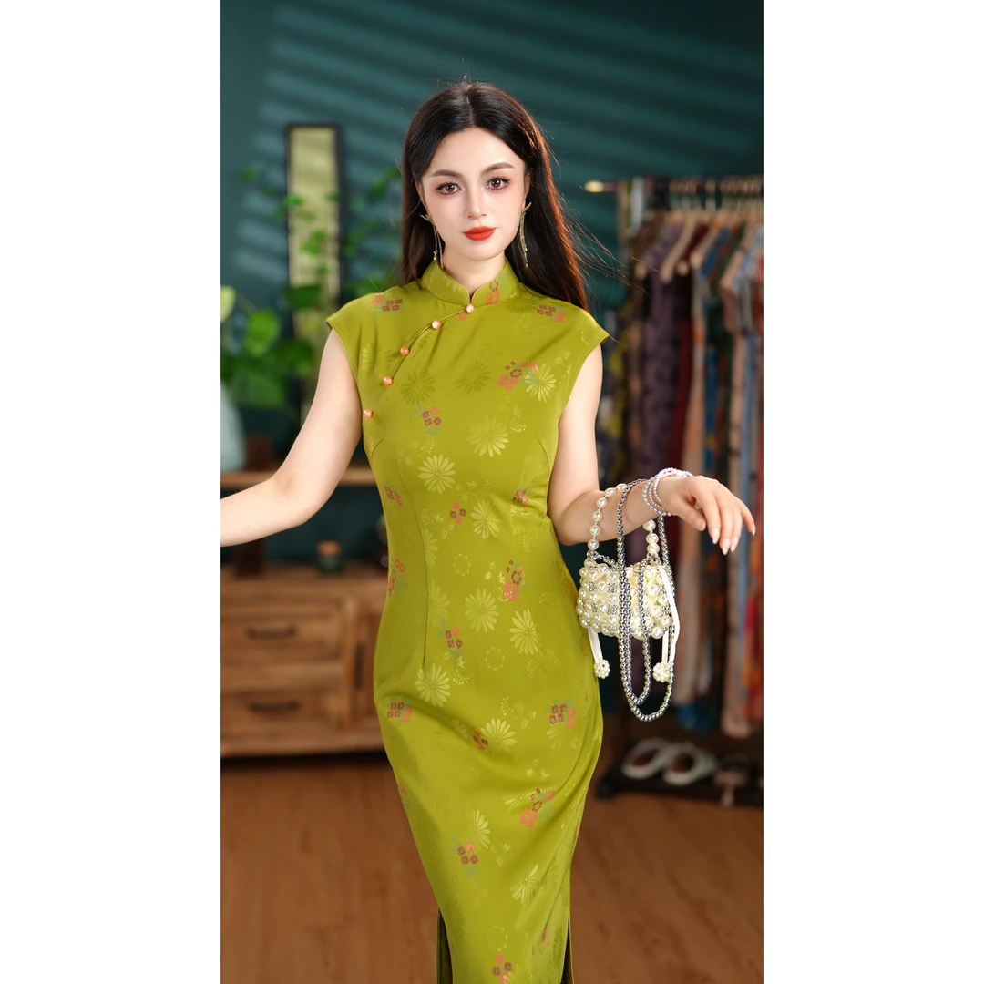 【青卿】【裙长120】 提花缎旗袍裙子