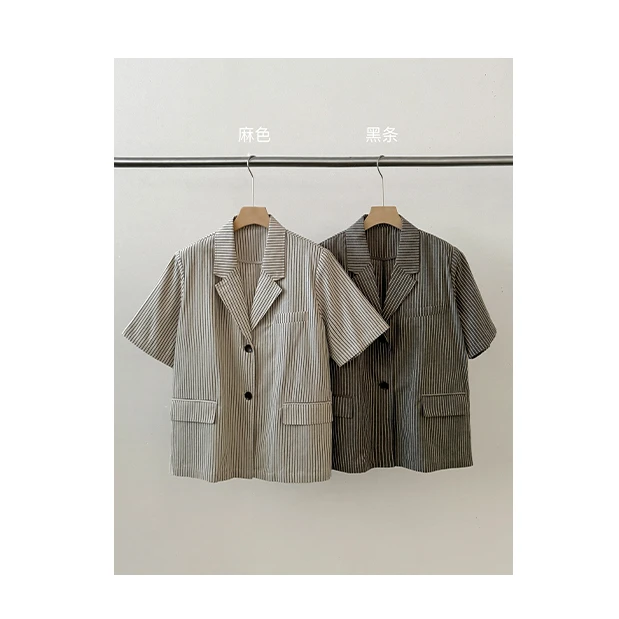 【素简】通勤宽松短袖西装外套女春秋新款单排扣复古棉麻上衣 01077