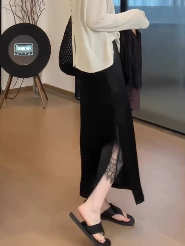 蕾丝醋酸半身裙女秋季薄款高级感欧货大码胖mm显瘦垂感中长裙女