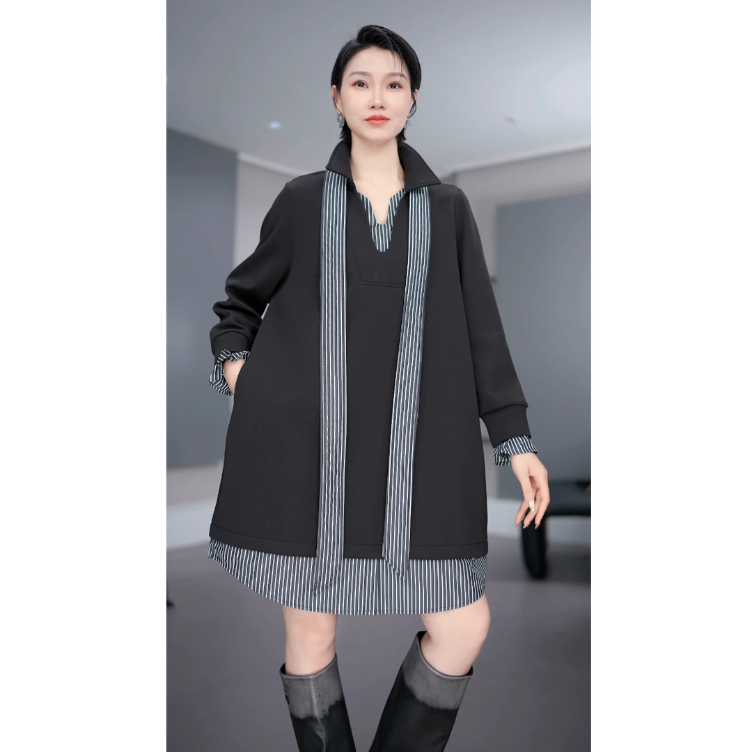 鑫鑫2025冬季新款加绒小众高级感条纹假两件拼接领带+连衣裙8966