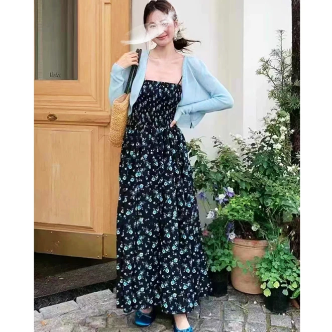 夏季甜美碎花吊带连衣裙+针织开衫51339款