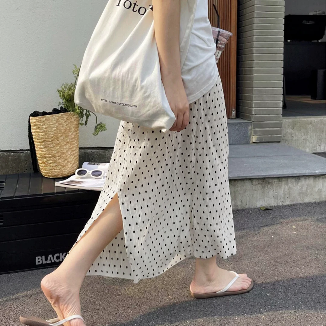 黑白波点褶皱半身裙百搭夏季超显瘦复古垂感后开叉直筒大码半身裙