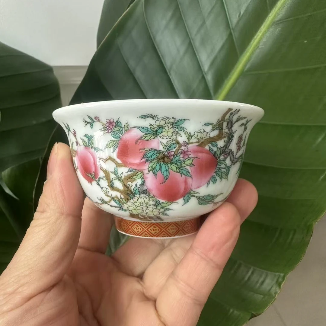 景德镇陶瓷粉彩九桃五福压手杯