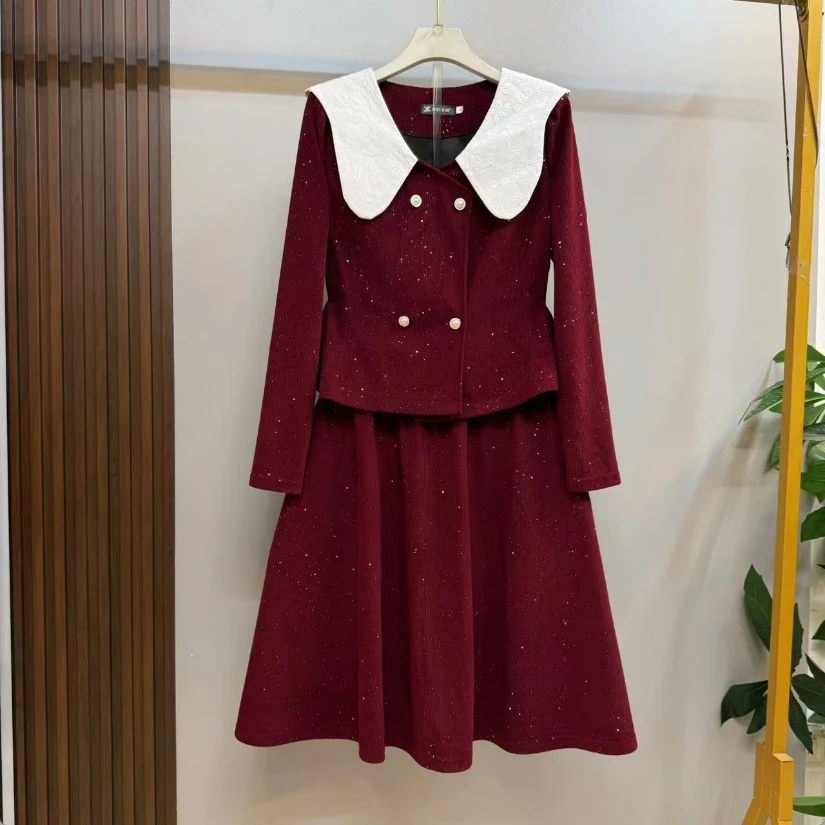 秋冬大码新款时尚洋气ins娃娃领温柔甜美风上衣十半身裙两件套