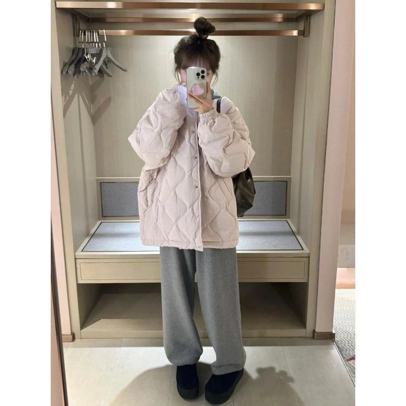 萎格棉衣小个子女保暖棉服针织立领外套纯色葫芦型缝线宽松加厚
