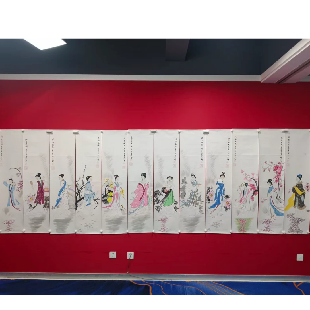 李新社手绘宣纸条屏十二钗人物画