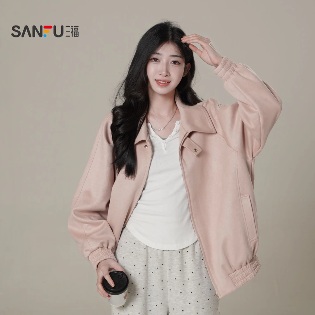 三福 秋季韩版气质显瘦时尚宽松百搭翻领复古麂皮外套 513027