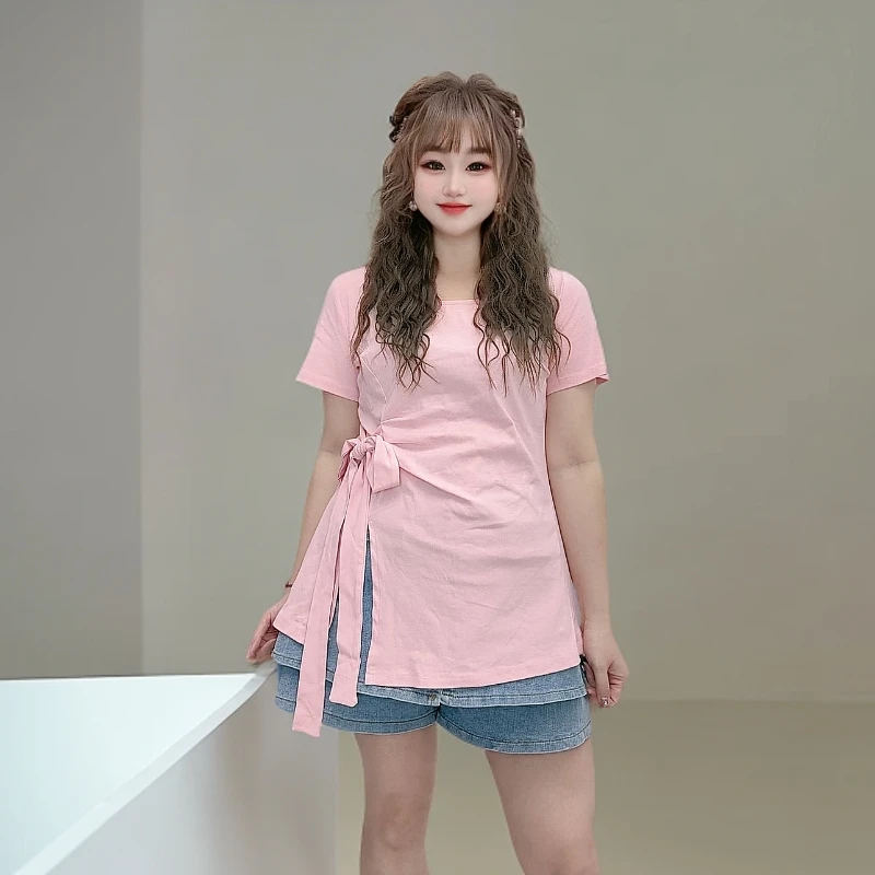 大码胖MM夏季短袖新款大码T恤显瘦字母设计绑带不规则开叉上衣女