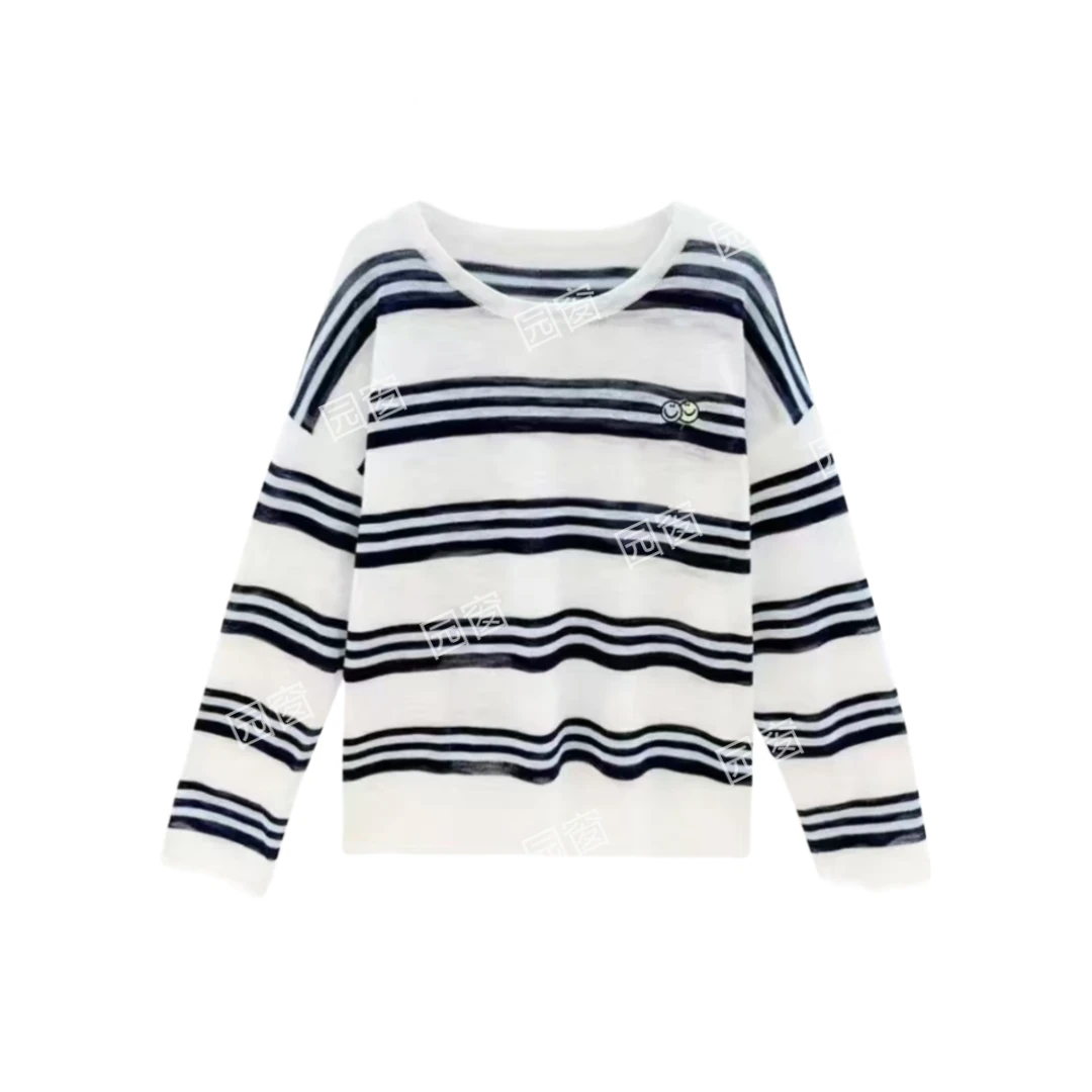 6077时尚气质条纹设计感刺绣针织上衣23021-1