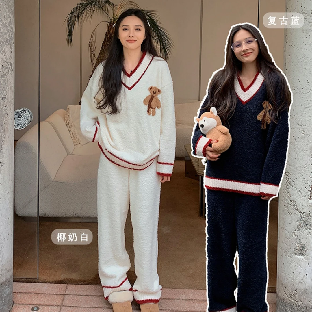 半边绒白露款秋冬加厚V领小熊慵懒风睡衣家居服套装