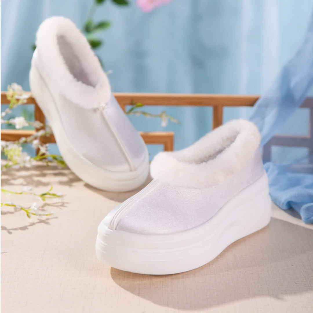 古风汉服鞋子女秋冬新款厚底白色新中式棉鞋保暖增高国风配马面鞋