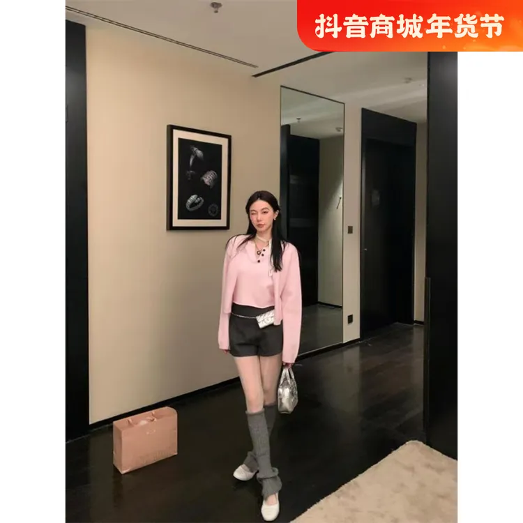2025春季新款时尚韩系洋气减龄宽松长袖针织衫女高腰百搭显瘦短裤