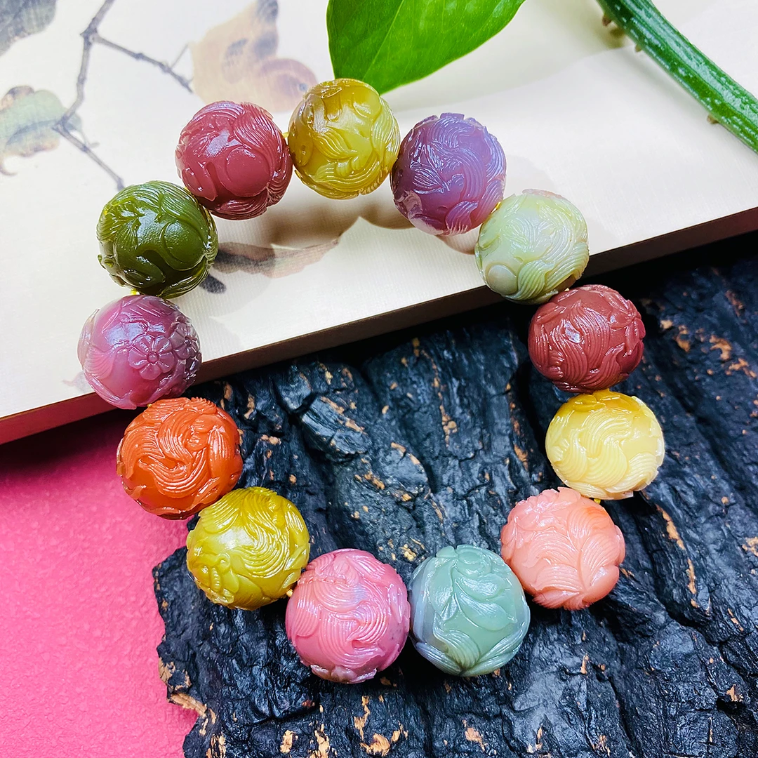 天然老矿七彩盐源玛瑙手工俏色十二月花九尾狐仙色手串