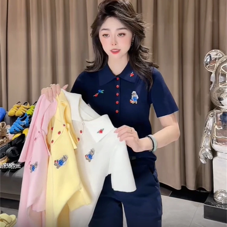 韩版时尚卡通小熊刺绣冰丝针织衫短袖女2025夏季新款翻领气质上衣