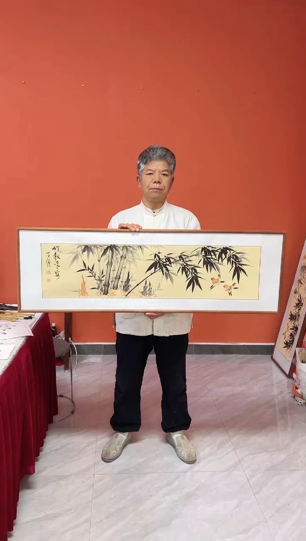 书法张富民手绘作品/竹报平安/横幅/122*40古宣（（乌檀木外框）