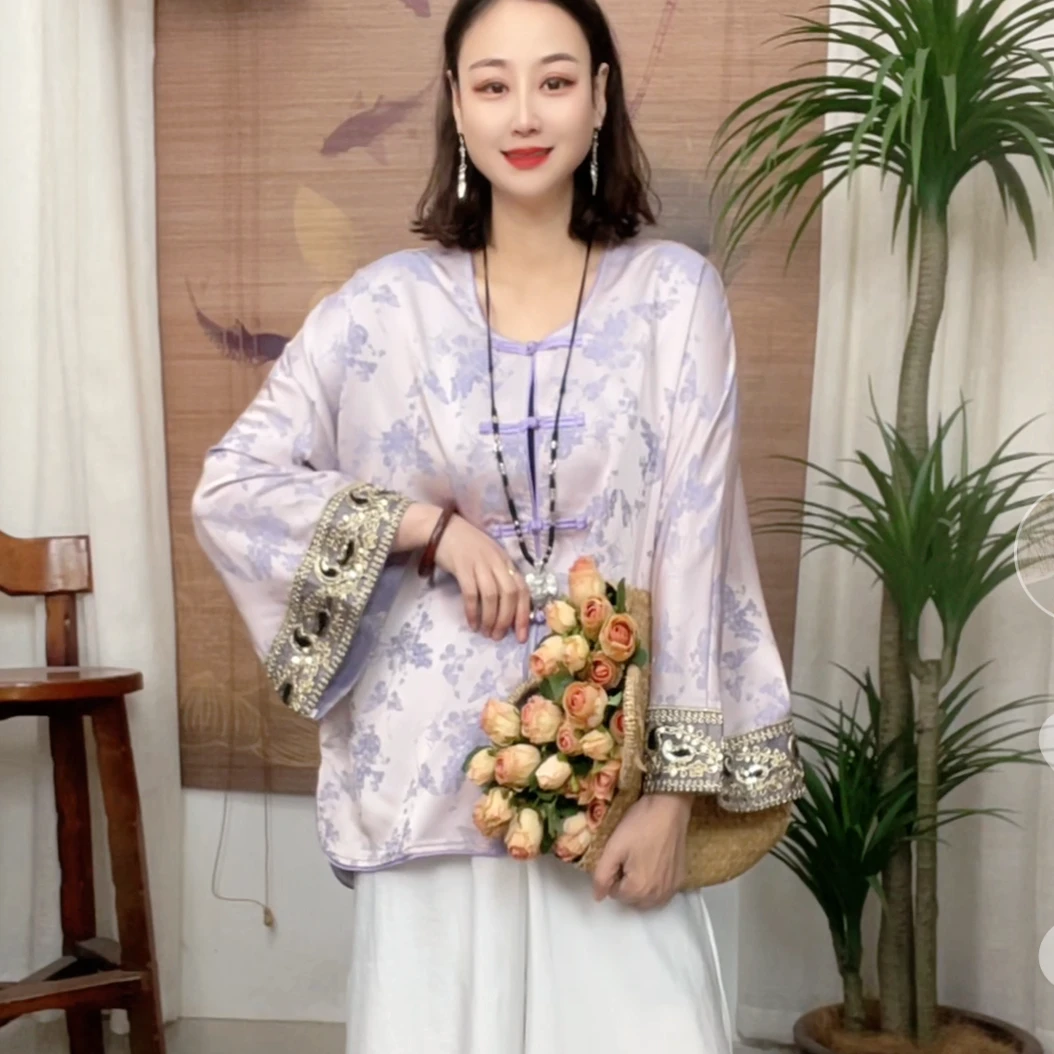 426-1新品亮片袖中长版显瘦复古新中式百搭气质网红文艺风开衫