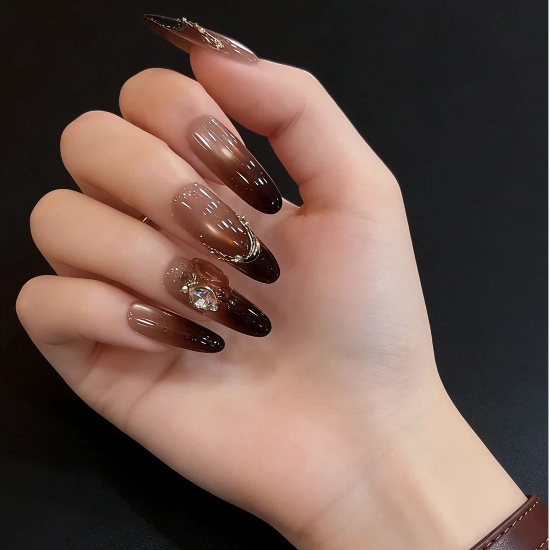 【暮色余辉】高品质黑棕渐变色高定设计秋冬百搭显白纯手工穿戴甲