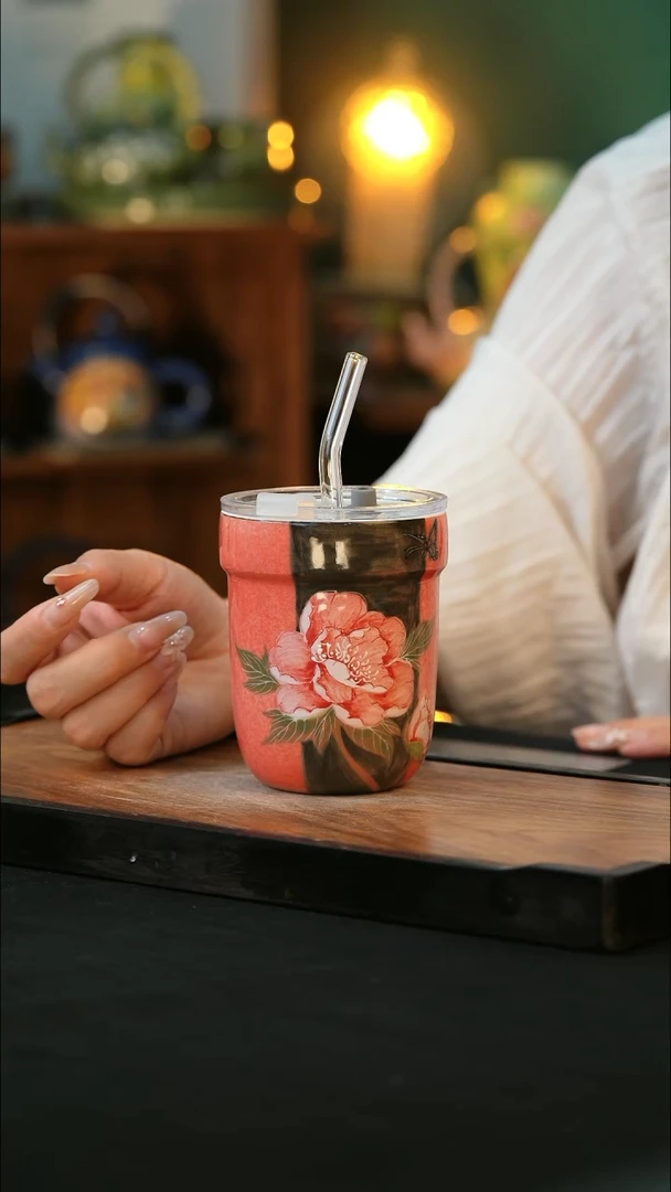 杯手绘心瓷陶瓷浮力盖子不好不密封