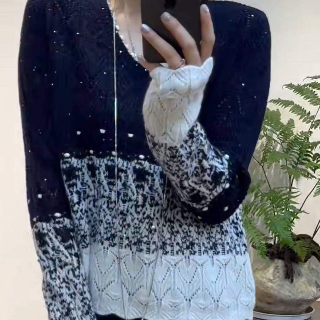 TANTAN 高级感亮片软糯渐变色镂空100羊毛针织衫2879