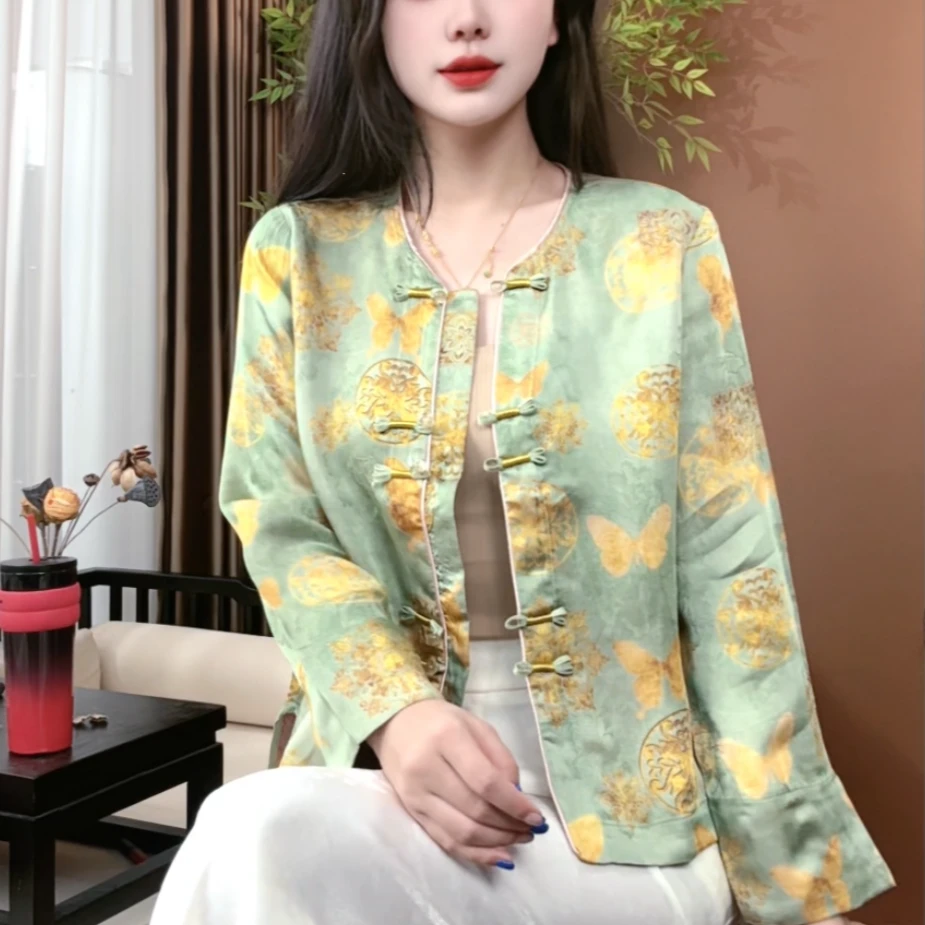 新中式桑蚕丝衬衫提花秋季气质中国风盘扣百搭长袖时尚外套女S198