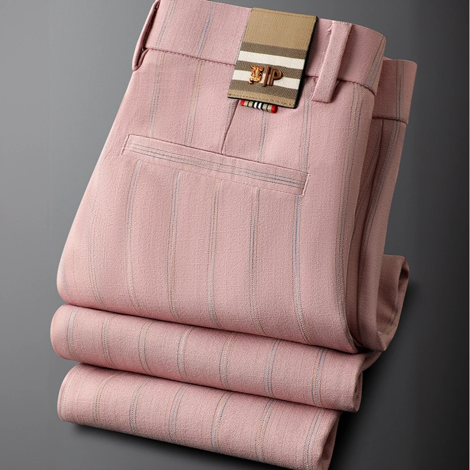 TERINELO/黛芮奈勒轻奢夏季薄款粉色条纹休闲裤男修身小直筒男士